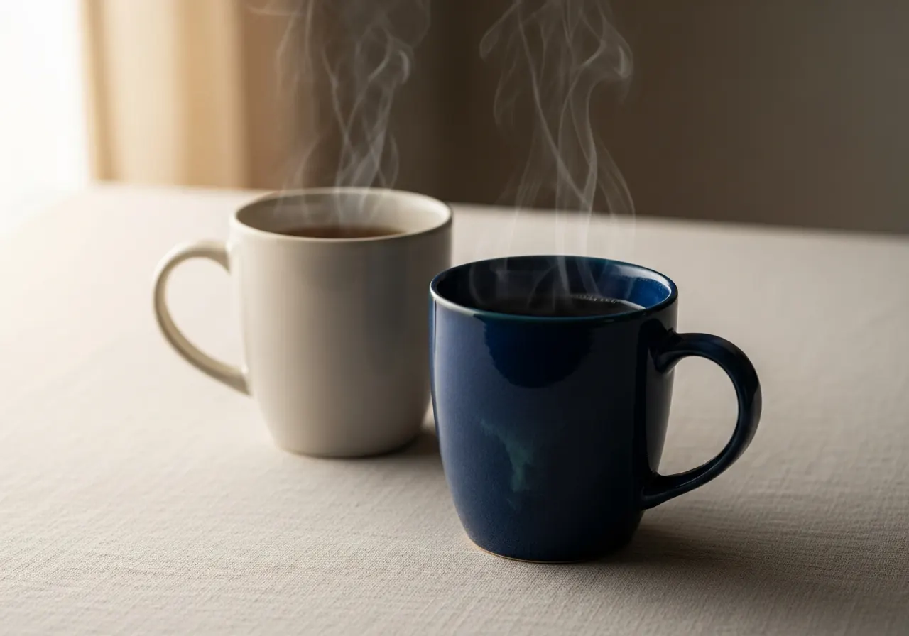 Two simple ceramic mugs of tea on a pale linen-covered table in soft morning light.